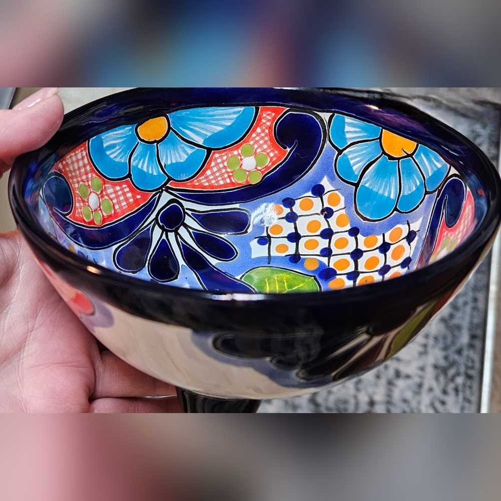 Talavera Footed Salsa Guacamole Mexican Folk Art Blue